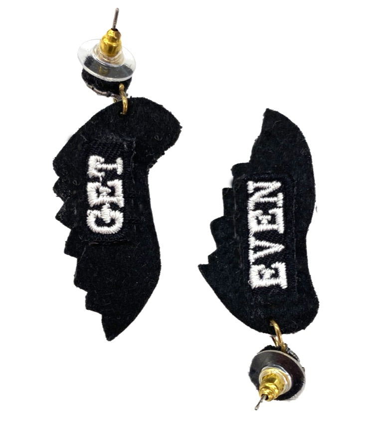 Elegant black onyx earrings with wing design and "Get Even" patch.