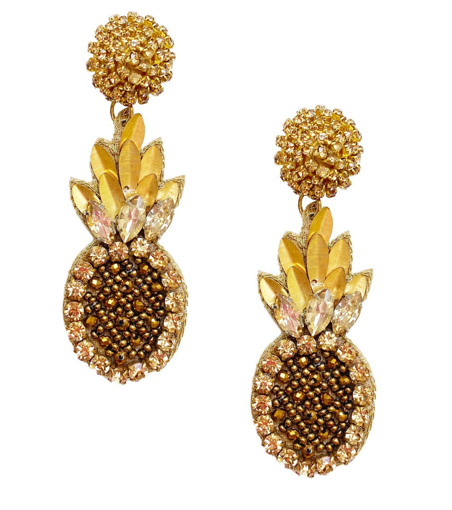 Glittery gold rhinestone pineapple earrings with intricate bronze beading for a glam party look.