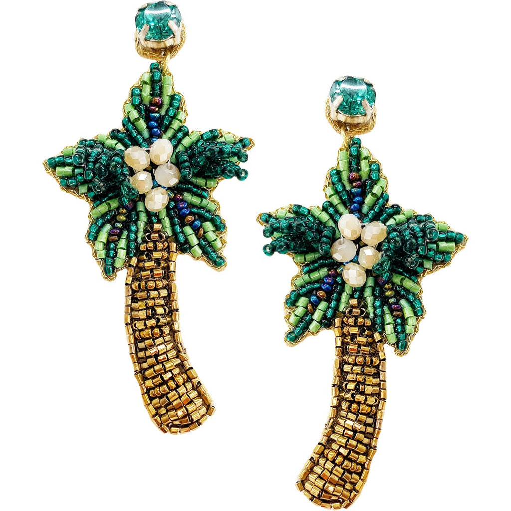  Statement earrings with intricate beaded palm tree design, lightweight and perfect for summer or beach outings.