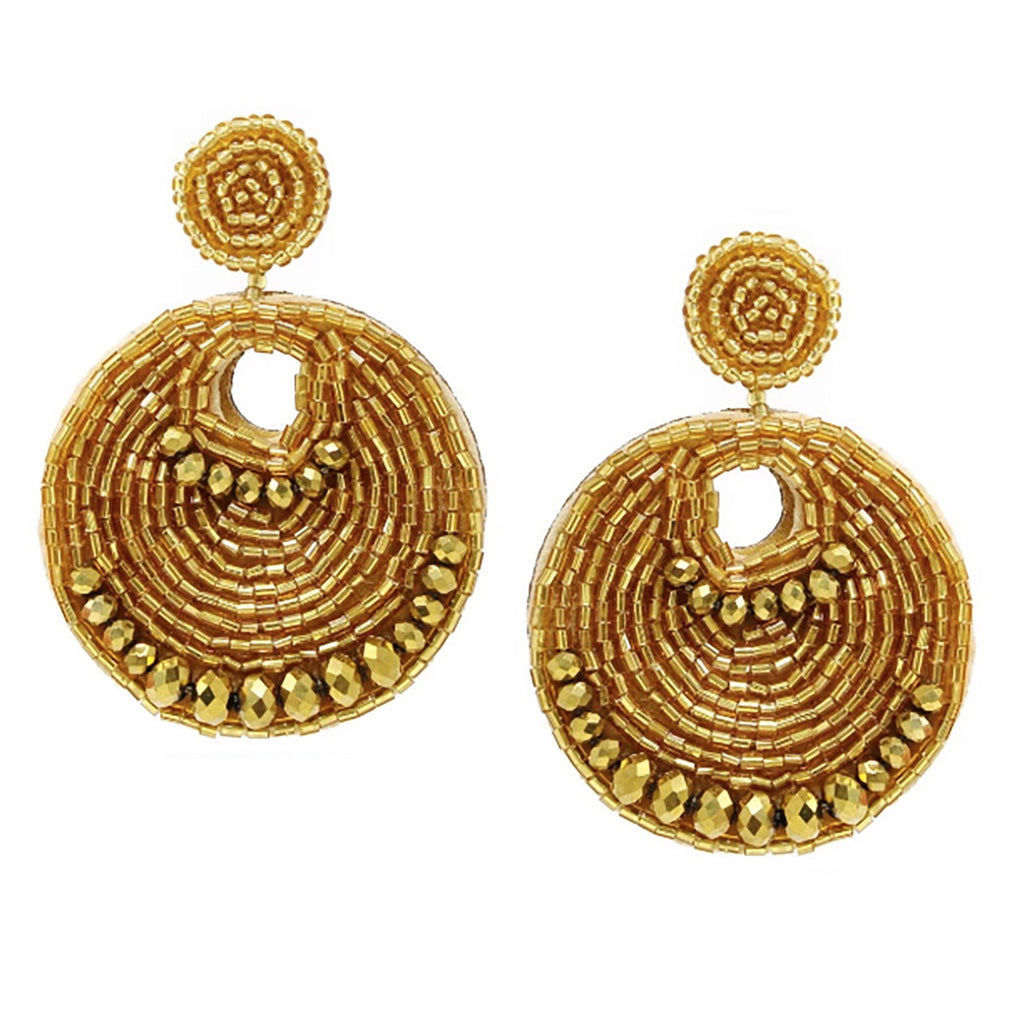 Handcrafted gold earrings with shimmering beads and secure patches for extra hold.