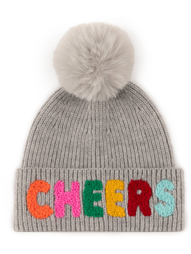 Grey knit beanie with colorful letters.