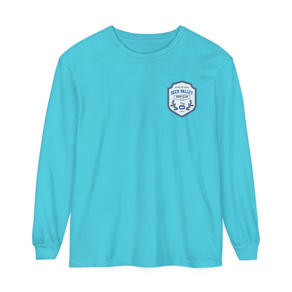 Blue long sleeve tee featuring Deer Valley GOOP Club graphic, perfect for casual wear.