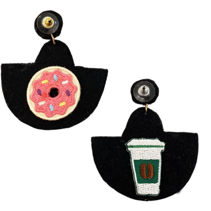 Venetian-inspired gold earrings with a coffee and donut theme, hypoallergenic and handcrafted.