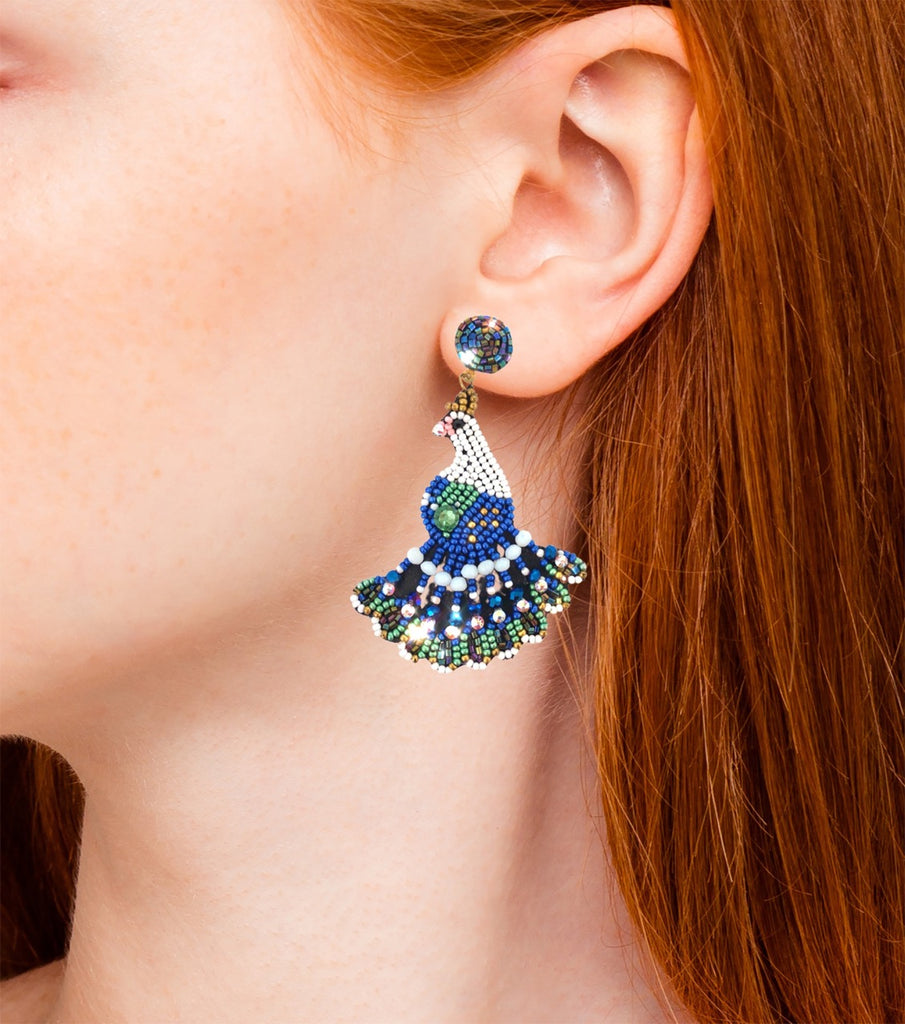 Hypoallergenic and lightweight peacock earrings with intricate beading and unique patch design.