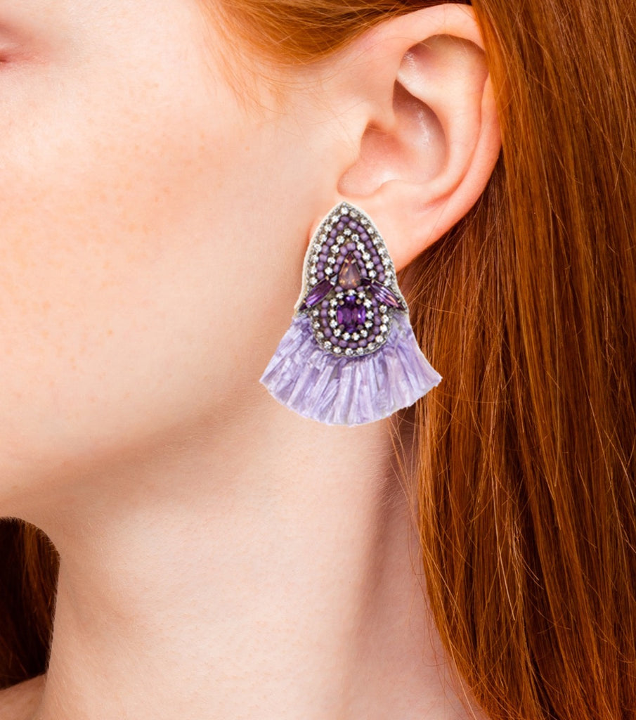 Bold and elegant purple earrings featuring beaded details, fringe, and "A-OK" patch, ideal for making a statement.