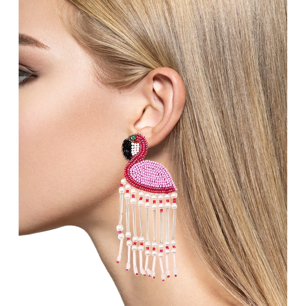 Pink and black beaded flamingo earrings with fringe, designed for bold, playful style.