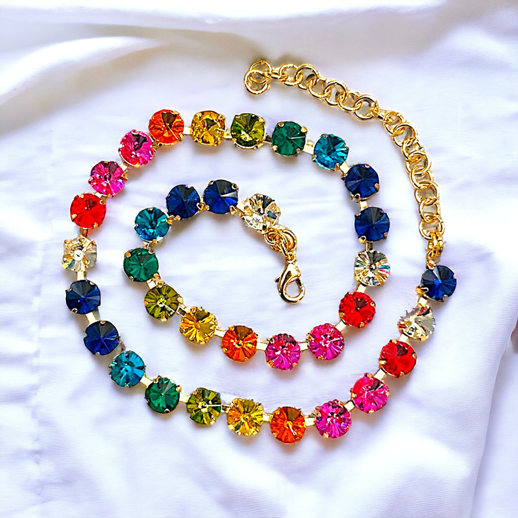 Sparkly crystal gemstone and rainbow bead necklace that shimmers and shines, perfect for adding a touch of whimsy and color to any outfit.