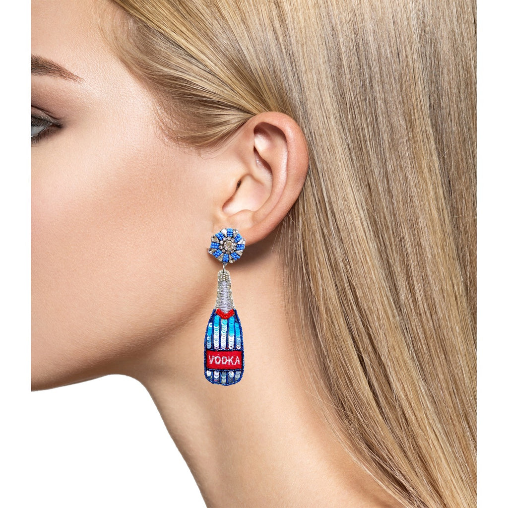 Fun statement earrings with beaded vodka bottle design and embroidered details, adding a unique touch to any outfit.