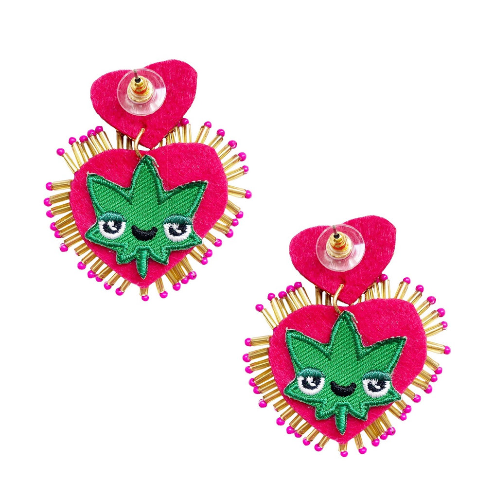 Steal My Heart Pink Earrings with gold beaded fringes and a fun patch design, adding a lively touch to any outfit.