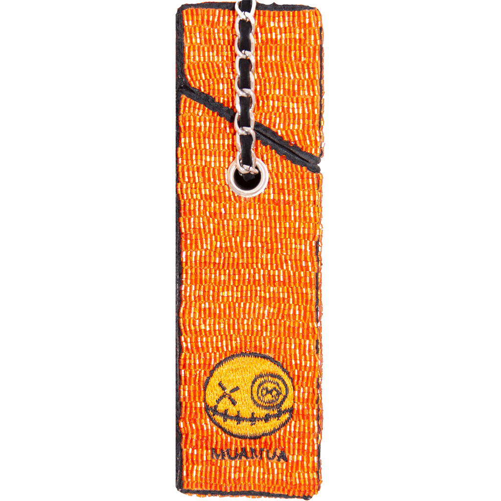 Orange bag with beads from the side.