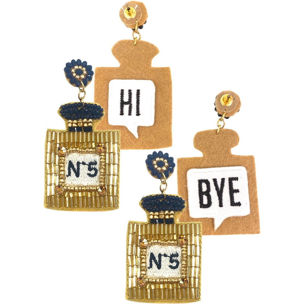 Fashionable "Hi Bye" perfume bottle earrings, embroidered design, novelty accessory, gold and brown tones.