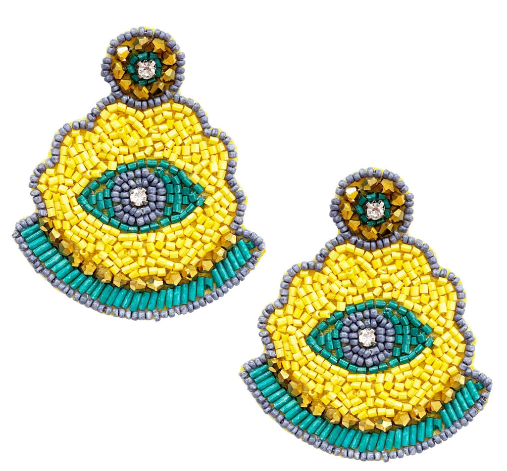 Vibrant yellow and green statement earrings with intricate beadwork and a whimsical patch detail, ideal for fashion-forward styling.