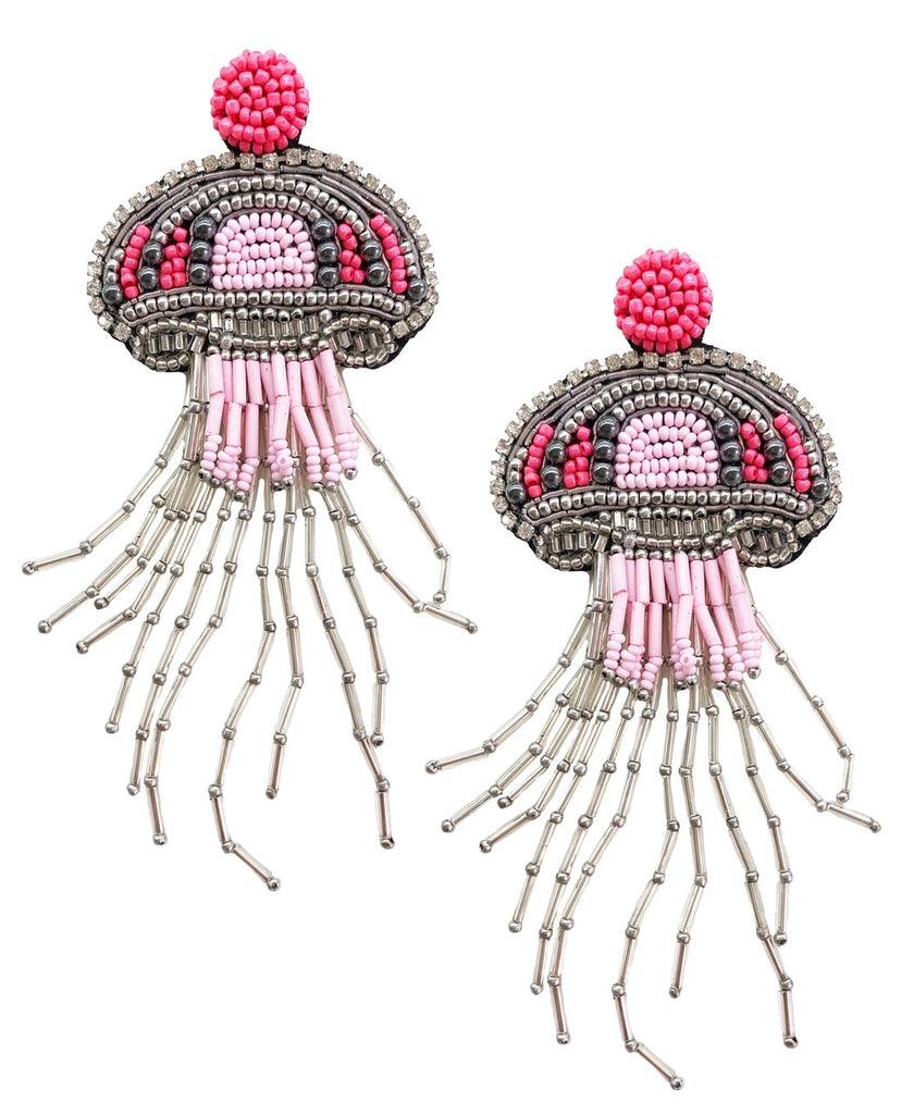 Close-up of Jeweled Jellyfish earrings showcasing detailed beading and lightweight design, ideal for ocean lovers.