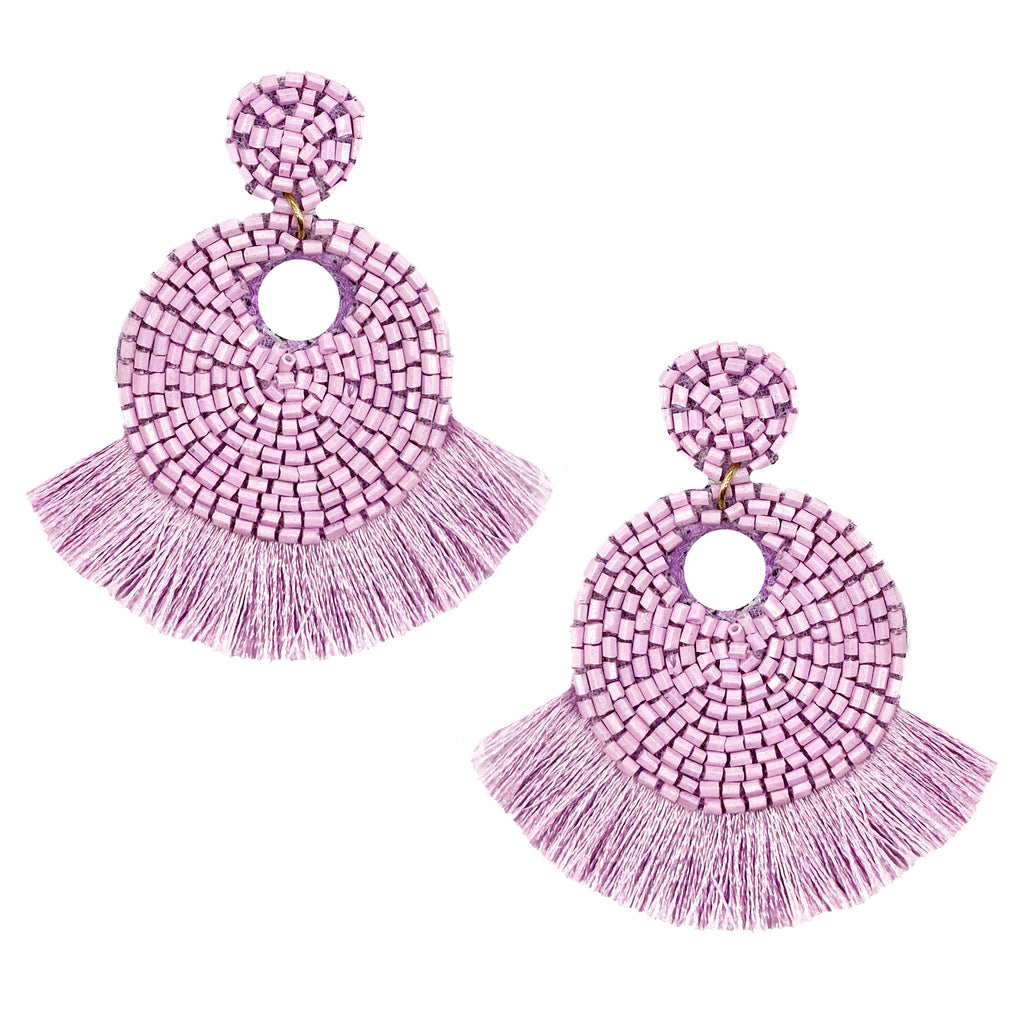 Handcrafted lilac earrings featuring fringe and a charming bee and floral motif.