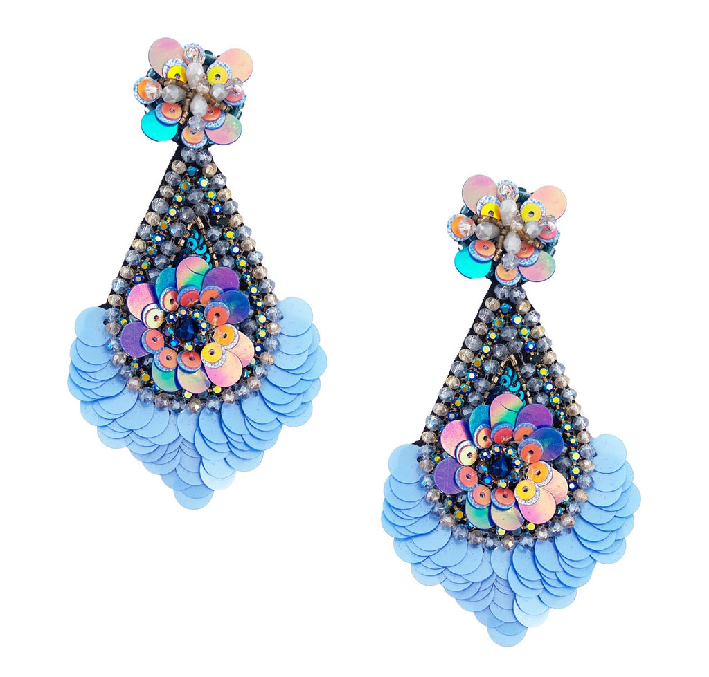 Statement sequin earrings in vibrant colors with an empowering "Love Trumps Hate" patch, ideal for making a statement.