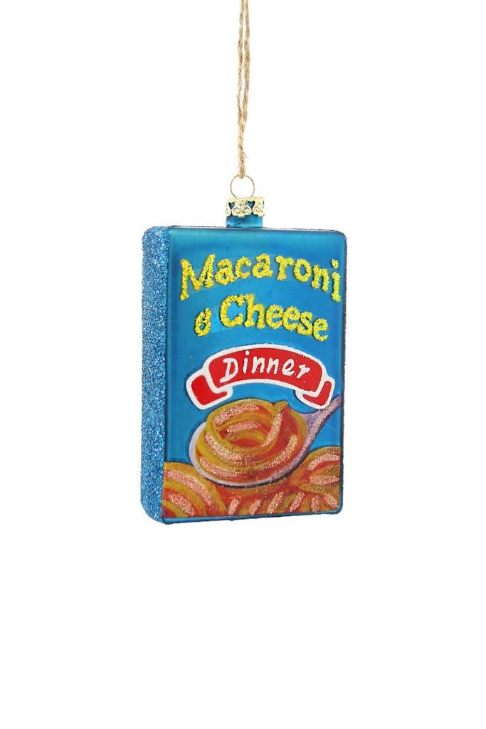 Whimsical macaroni and cheese ornament shaped like a dinner box, adding a humorous and retro vibe to your Christmas tree.