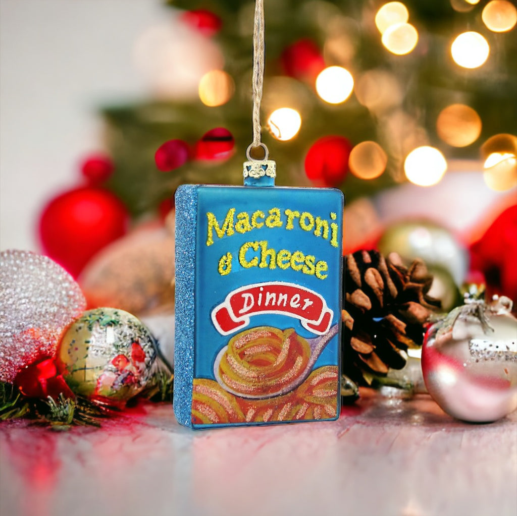 Glass Mac & Cheese Ornament, ideal for adding a fun and cheesy twist to your Christmas tree decorations.