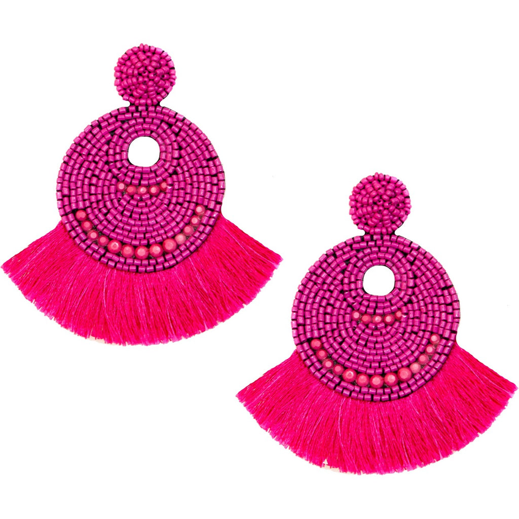 Magenta fringe earrings with colorful rainbow detailing and lollipop-inspired design.