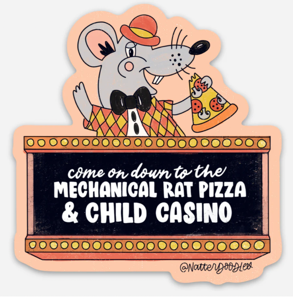 Whimsical mouse sticker with pizza