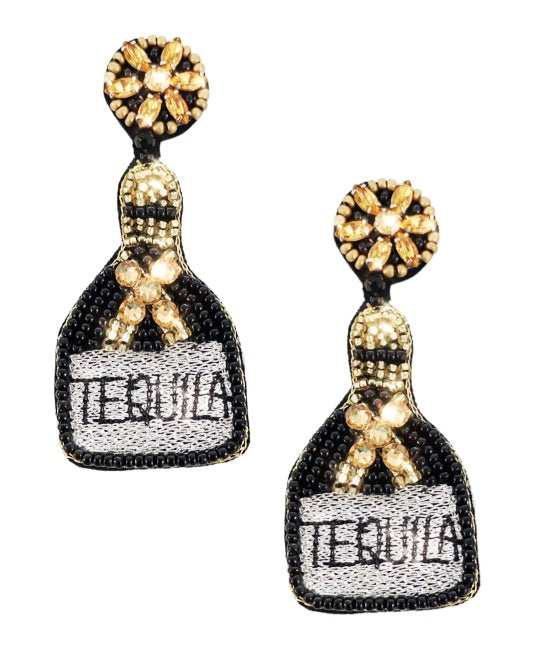 Fun and stylish Tequila Twinkler Onyx Earrings with gold accents, perfect for tequila lovers.