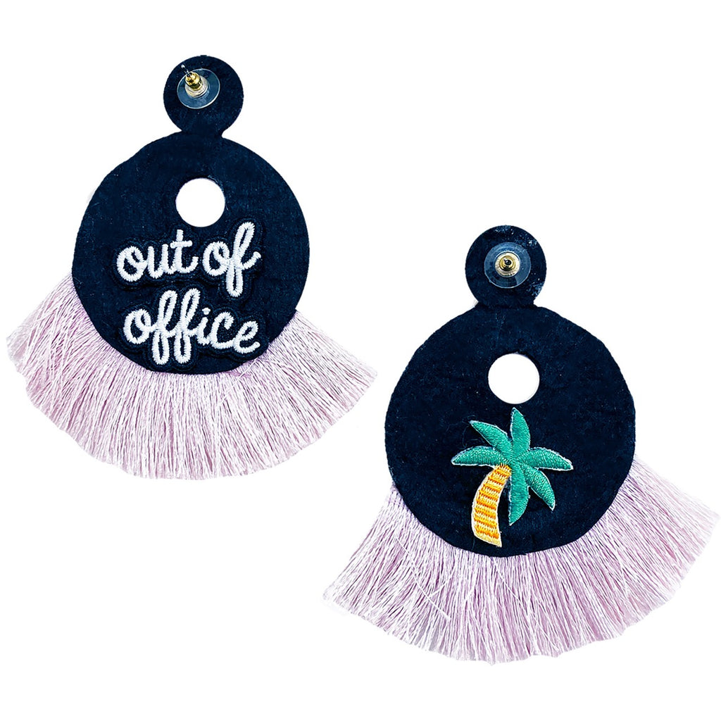 Fun and lightweight lilac earrings with fringe detailing and "Out of Office" palm tree patches.