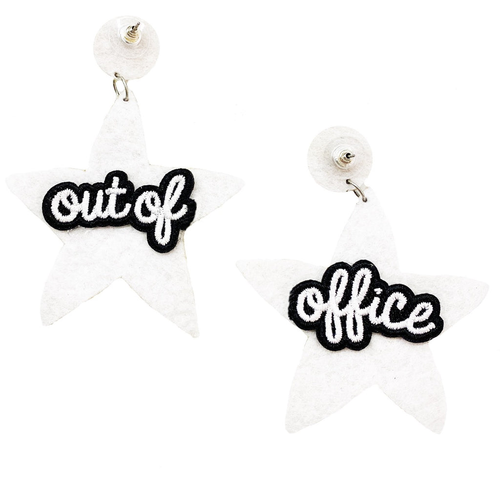 Ocean Tropic Earrings with a shooting star design, mint, white, and silver beading, and a unique "Out of Office" patch.