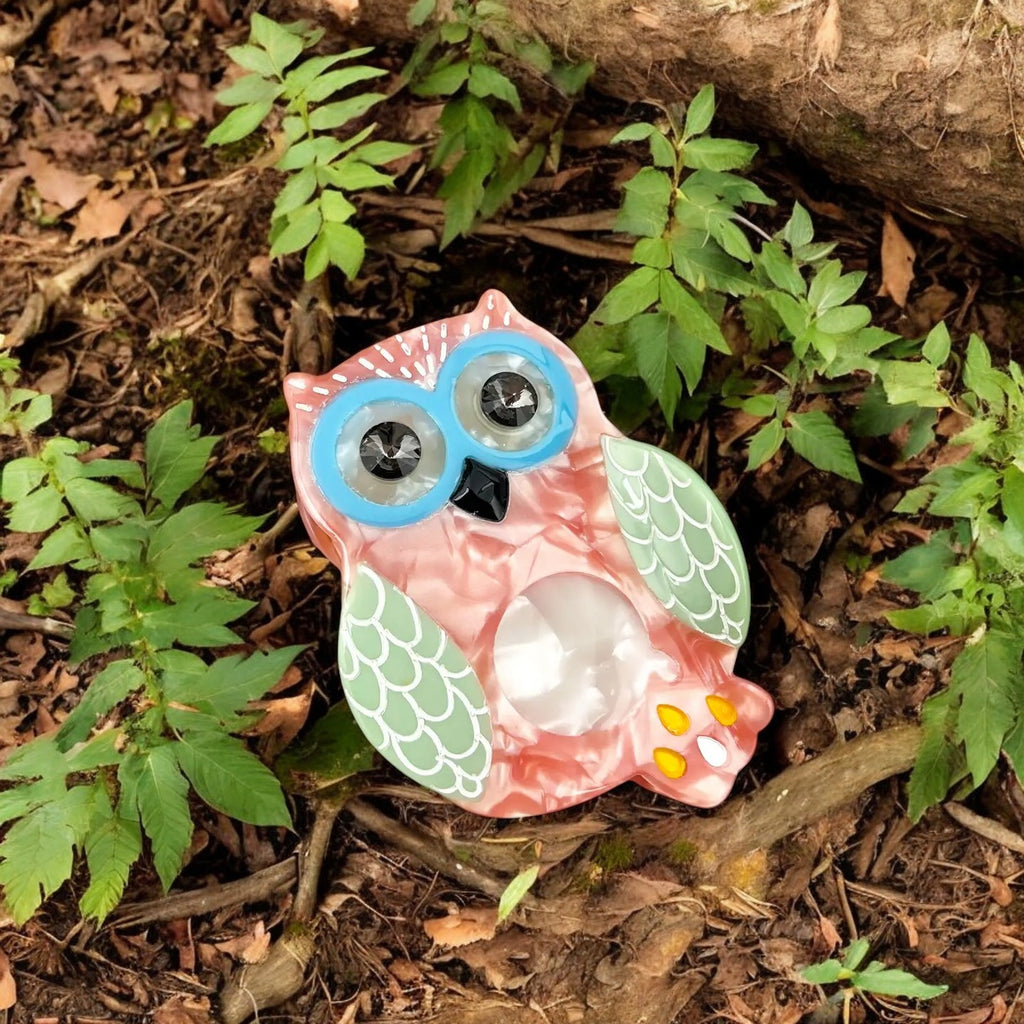 Colorful owl hair accessory displayed near a mug.