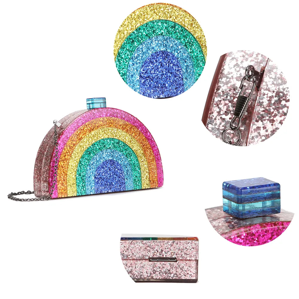 Eye-catching rainbow clutch bag with a glittery finish and durable acrylic material for stylish outings.