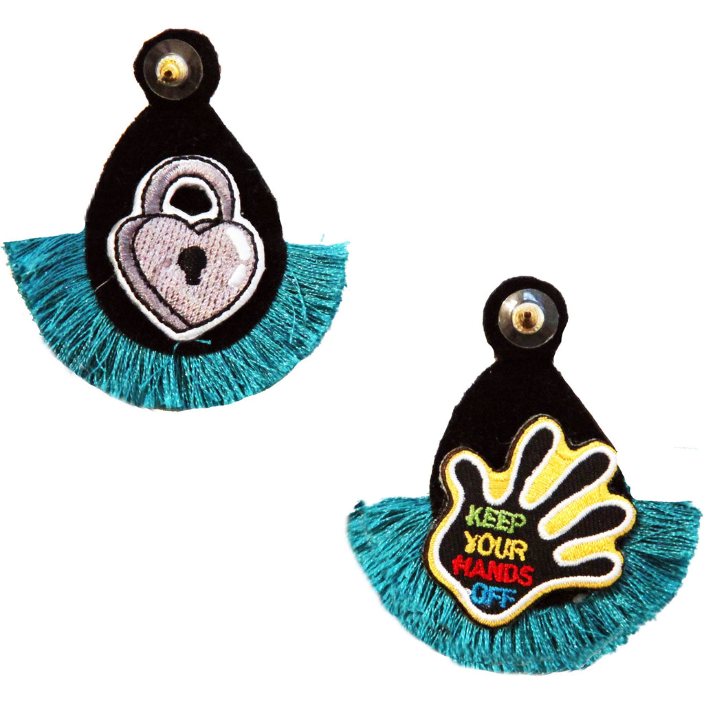 Stylish turquoise earrings with playful tassels, sassy seed bead accents, and a unique patch detail, ideal for adding a vibrant touch to your look.