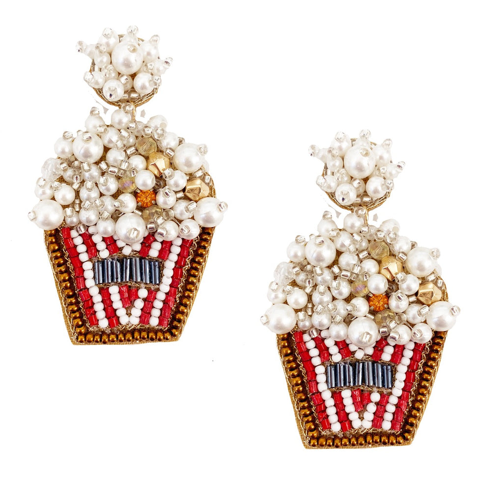 Playful popcorn earrings adorned with pearl beads and unique patches, perfect for adding a fun touch to any outfit.