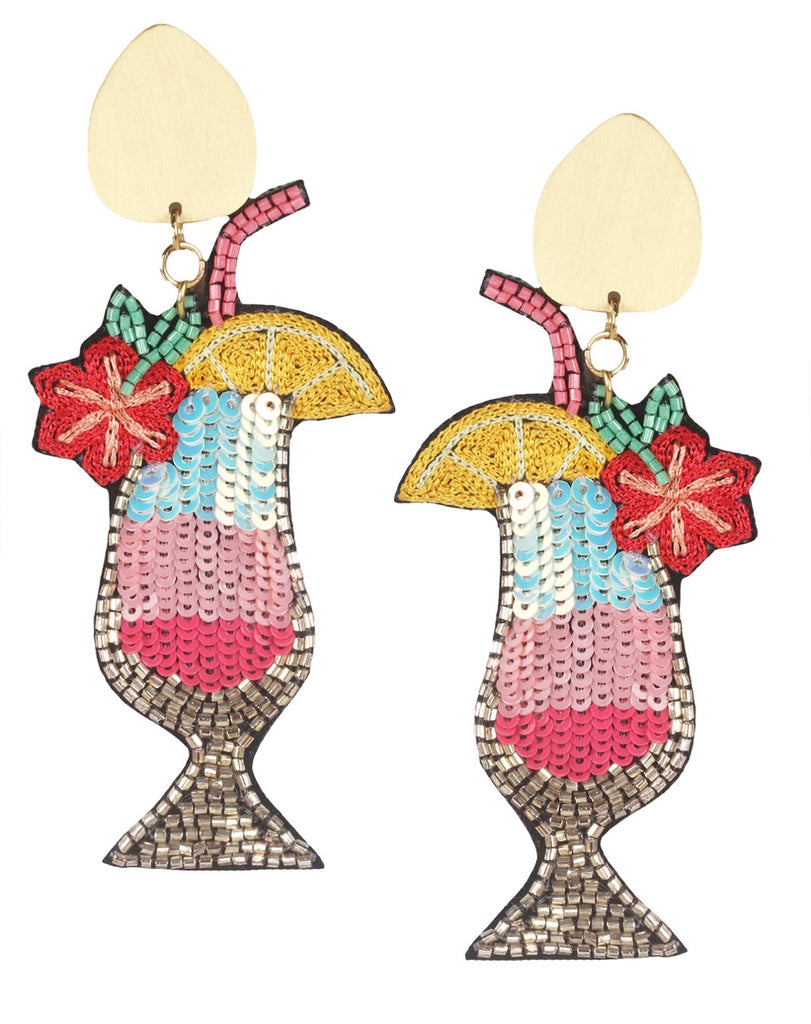 Bold and playful Piña Colada-themed earrings featuring music note and cassette tape patches, perfect for summer fun.