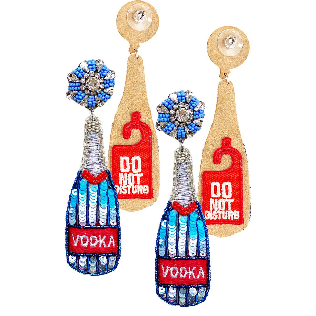 Handcrafted earrings featuring a quirky vodka bottle design with "Do Not Disturb" patch, ideal for bold fashion statements.