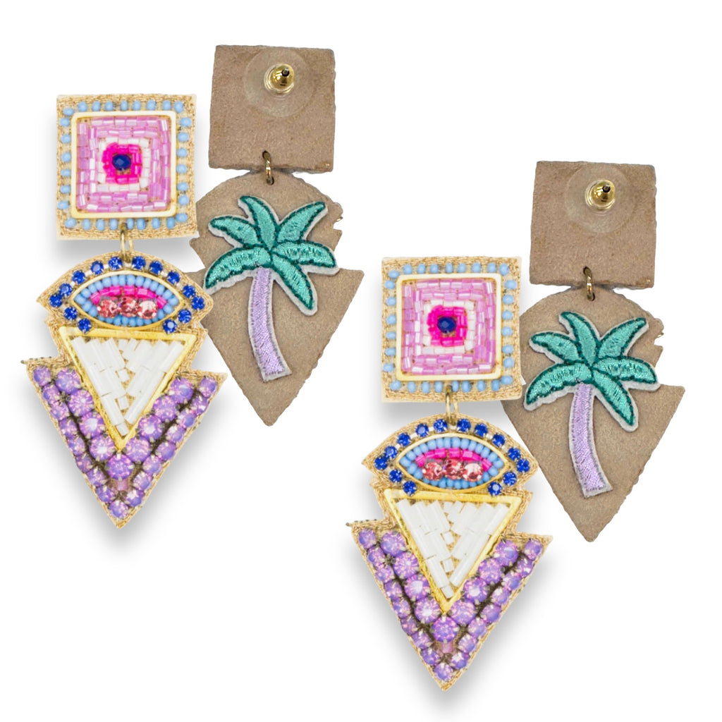 Colorful geometric beaded earrings with embroidered palm tree, lightweight statement earrings for women.