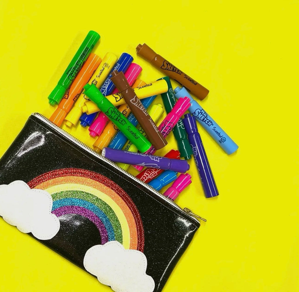 A vibrant rainbow cloud glitter clutch perfect for a night out or special occasion.
