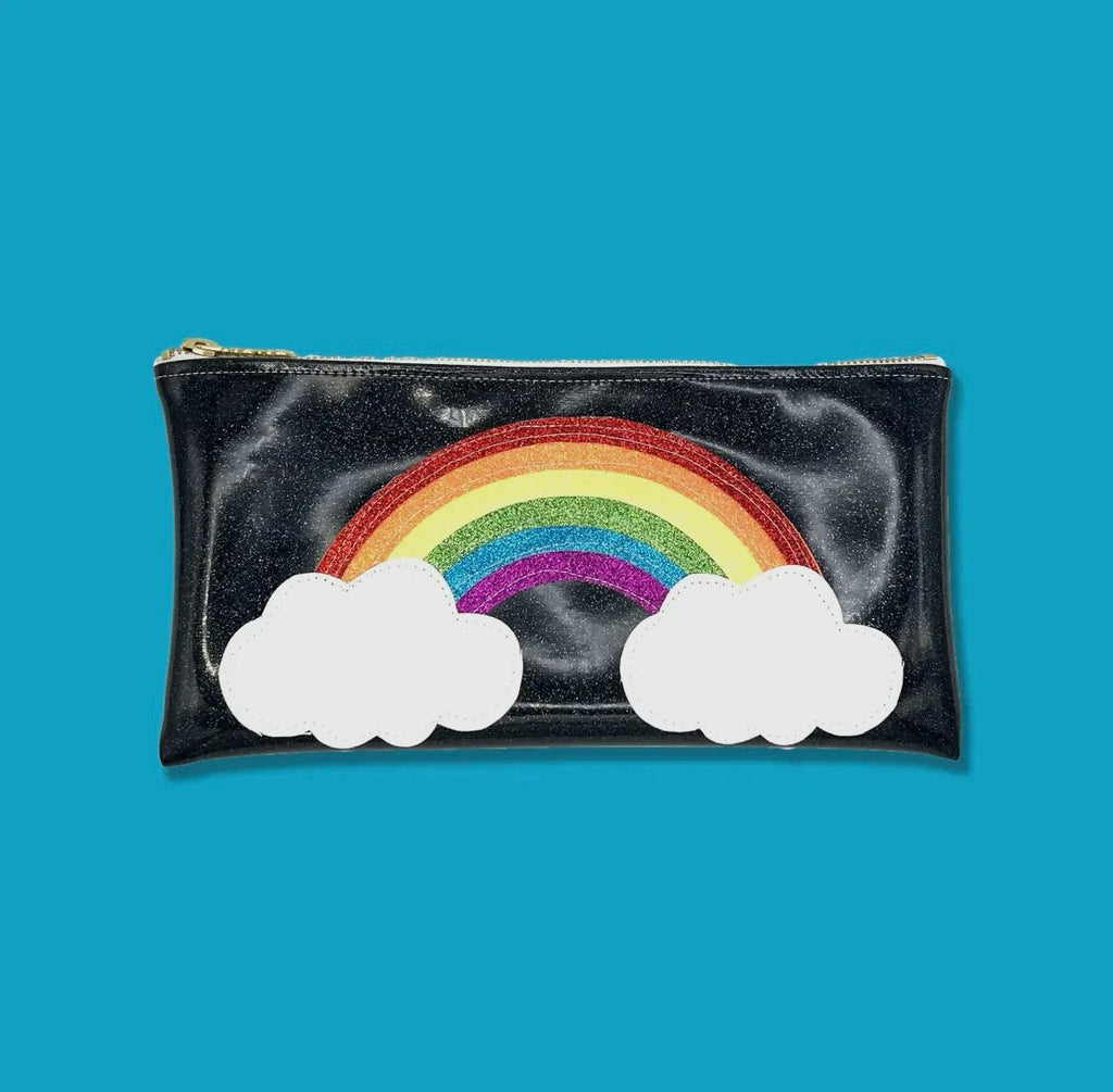 Holographic glitter rainbow cloud clutch with a detachable chain strap.