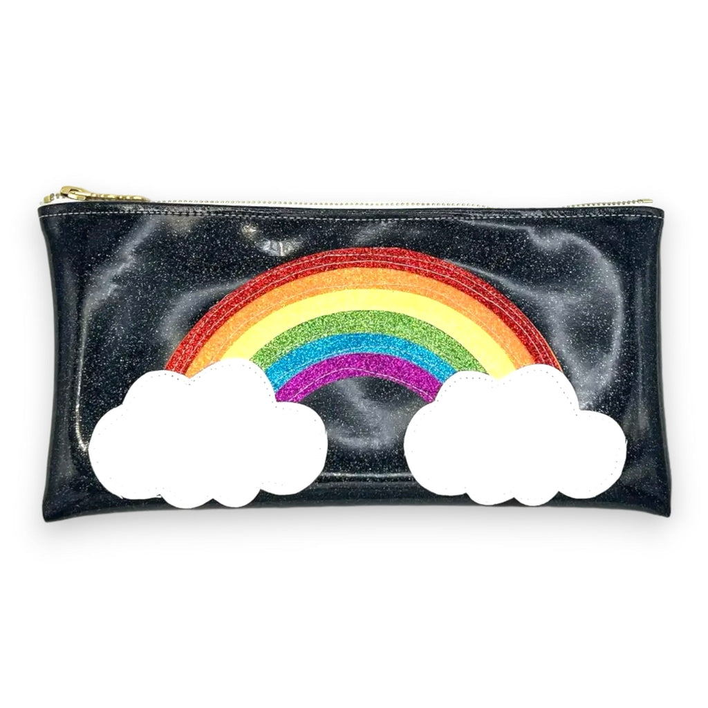 Eye-catching rainbow cloud clutch bag with iridescent glitter finish.