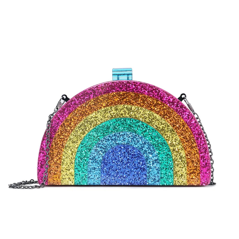 Sparkly rainbow evening clutch perfect for bold statement looks and stylish outings.