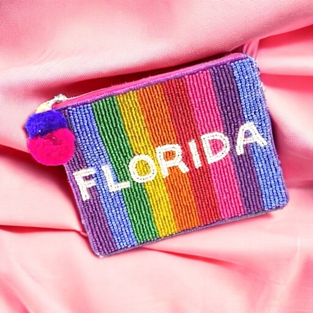 Colorful beaded coin pouch featuring a rainbow stripe design and "Florida" text, perfect for sunny style.