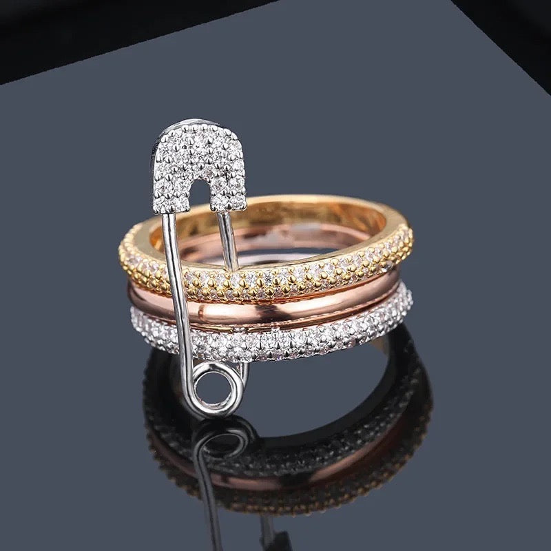 Unique safety pin ring with diamond accents