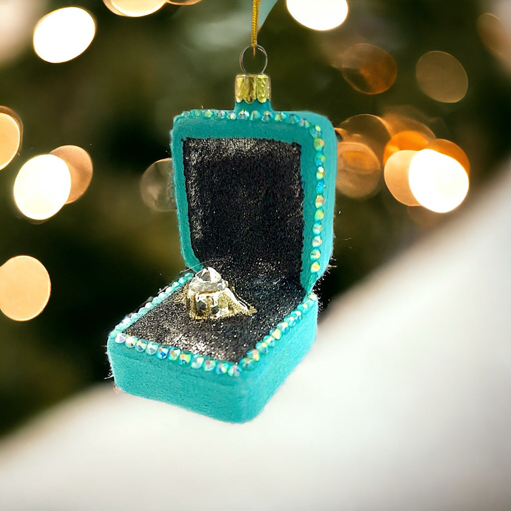 Swarovski bedazzled ring in a box Christmas tree ornament.