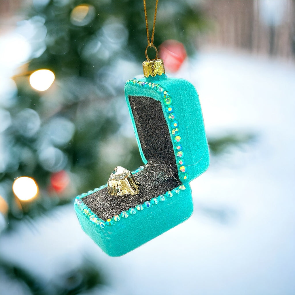 Sparkly ring in a box ornament for Christmas tree decoration.