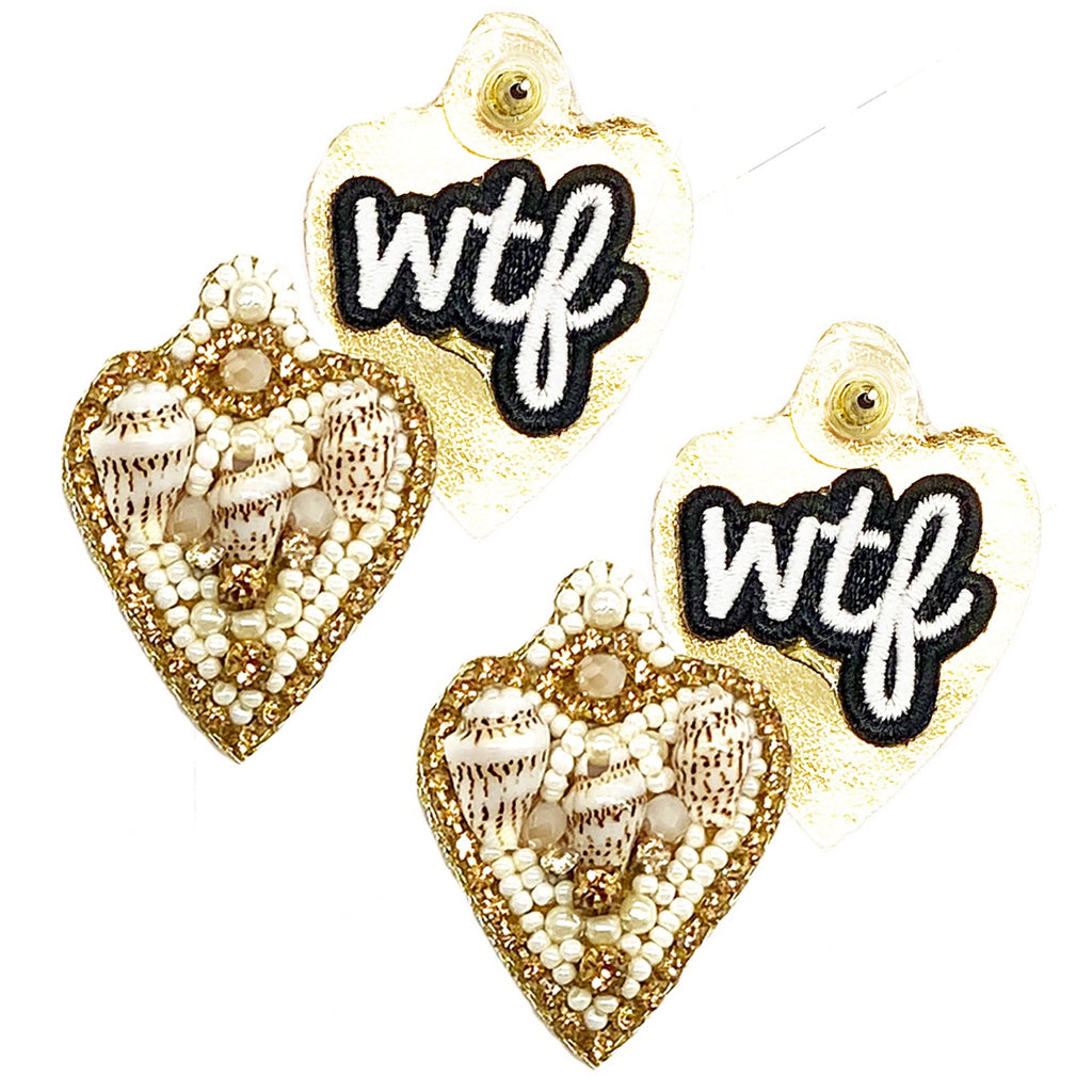 Heart-shaped shell earrings with gold rhinestones and WTF patch design, perfect for a playful and stylish statement.