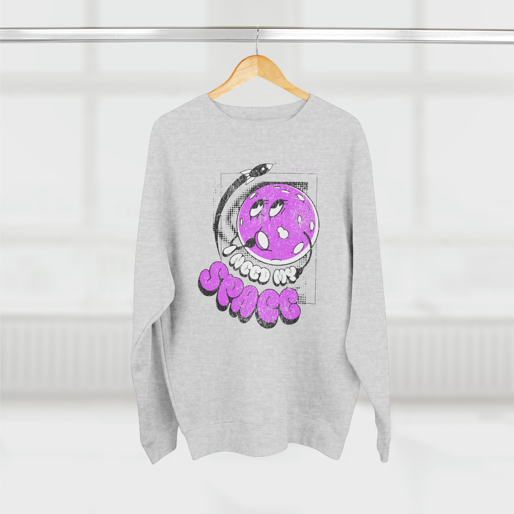 Cozy gray sweatshirt with a space-themed graphic, perfect for casual wear during the colder months.