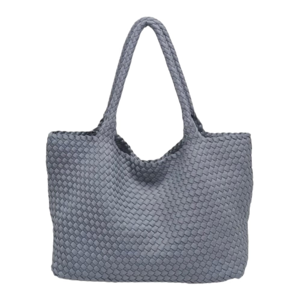 Basketweave Grey Tote made from neoprene with a spacious interior, perfect for beach days, picnics, or everyday use.