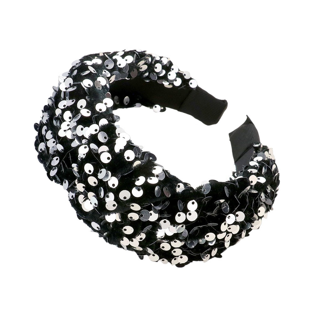 Elegant black headband with shimmering dark sequins, suitable for formal events or as a stylish everyday accessory.