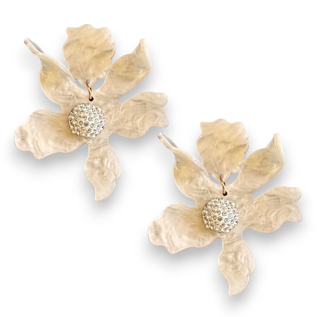 Textured gold earrings with three-dimensional floral embellishments