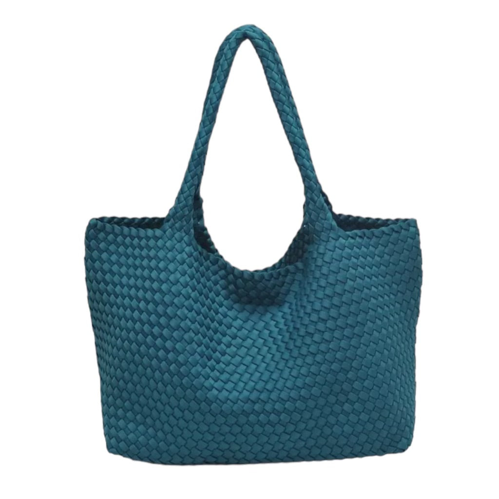 Basketweave teal tote made from neoprene, featuring a spacious interior and water-resistant design, perfect for beach or casual outings.