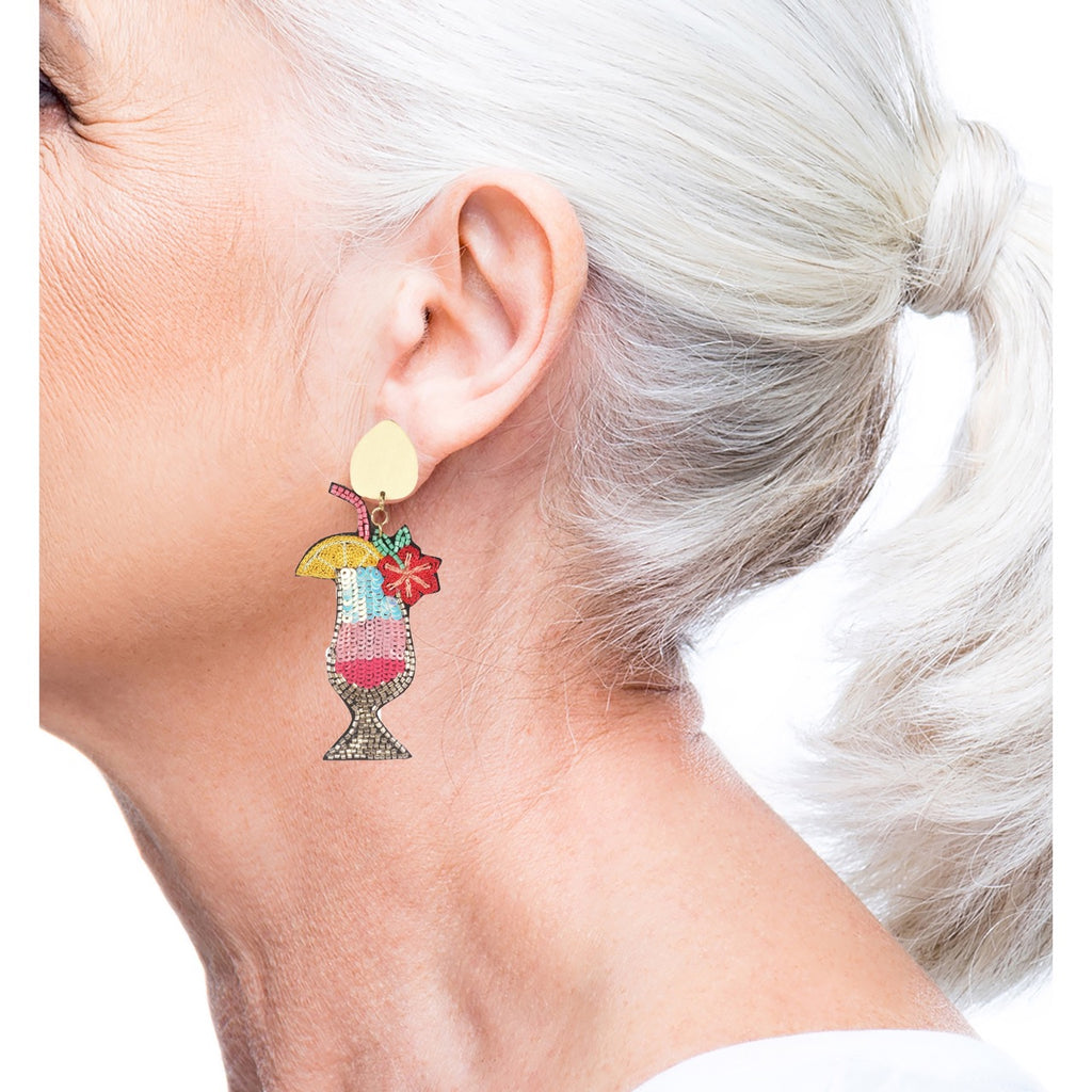 Fun and colorful Piña Cola-DUH Earrings with cocktail, music note, and cassette tape patches, perfect for any festive occasion.