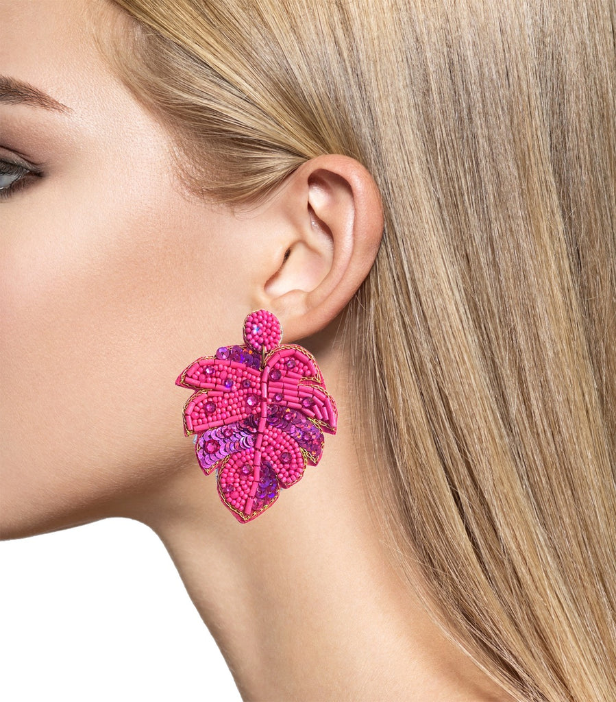 Bold pink leaf earrings with Swarovski stone detailing and a fun "Per My Last Email" patch, perfect for statement wear.