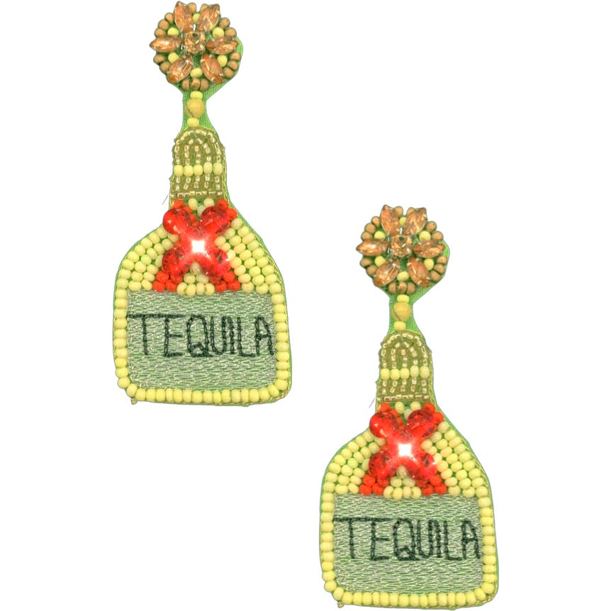 Fun and colorful beaded earrings with a tequila bottle and lime motif.